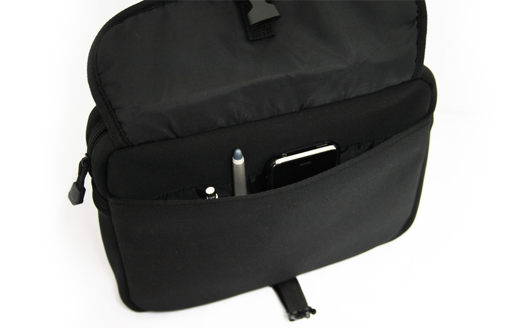 Front pocket for pens, memory cards, cellphones, etc